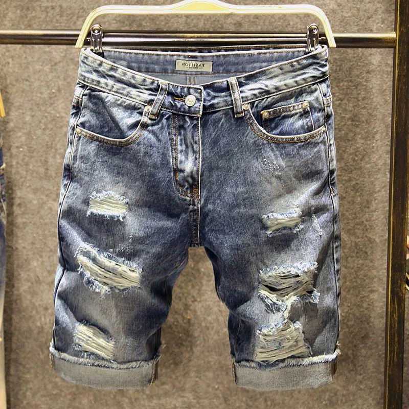 Mens Short Jeans Pants with Pockets Selvedge Male Denim Shorts Ripped Jorts Streetwear Y2k Fashion New in Buttons Korean Cut XlXJ250117