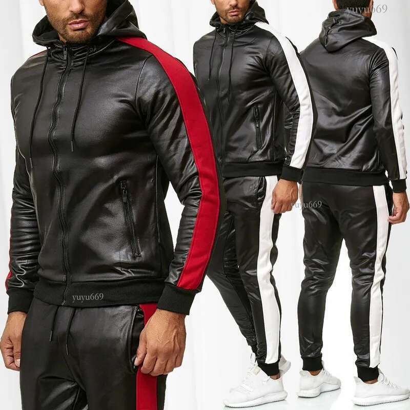 Men s Tracksuits ZOGAA PU Leather Hoodies Set 2 Piece Casual Sweatsuit Hooded Jacket and Pants Jogging Suit 220829