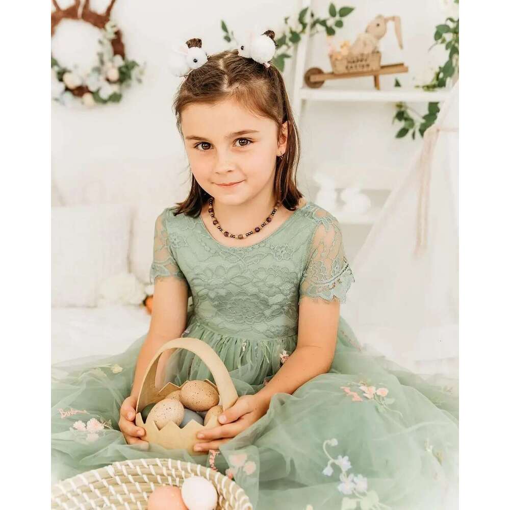 Meet Romance RAL EMBROIDERED TULLE LACE GIRL DRESS IN SAGE Scalloped Edges Tulle Skirt Junior Bridesmaid Gown 6660311
