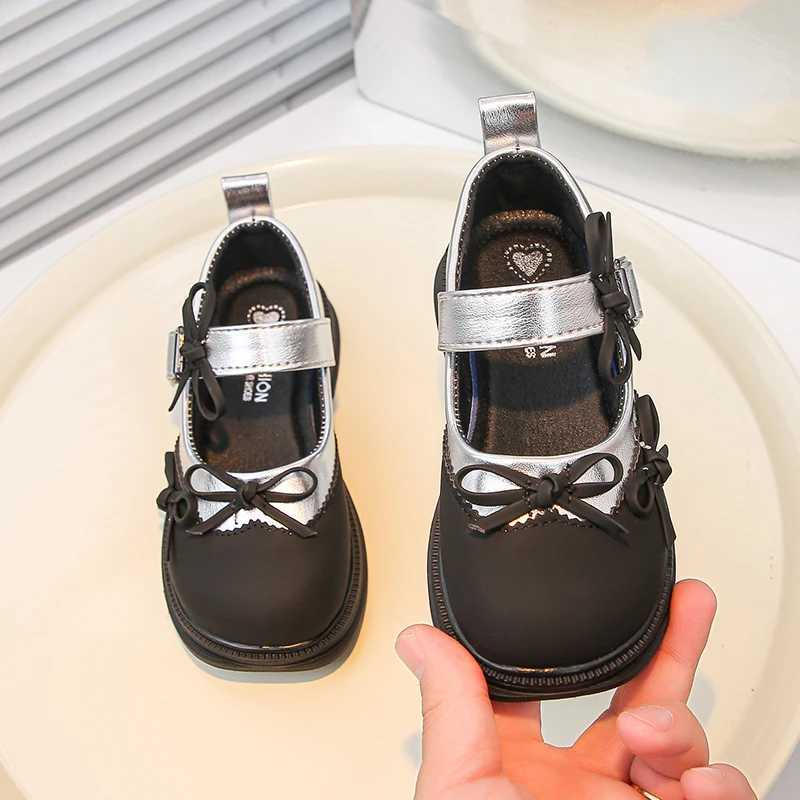 Sandals Children Leather Shoes Patchwork Sliver Black Bowtie Chunky Kids Mary Janes Spring Comfy Fashion Light School Girls Shoe 26-36Y250116CQOM