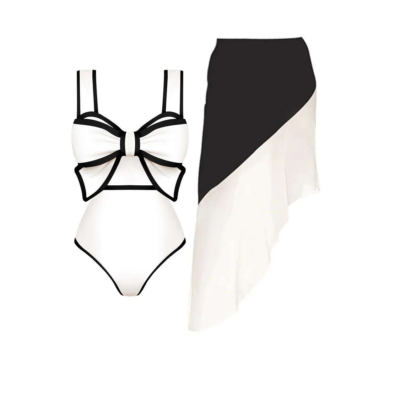 2025 Black White Retro One Piece Swimsuit Women Bow Tie Swimwear With Skirt Sexy Bathing Suit Monokini Bodysuit Beach Wear