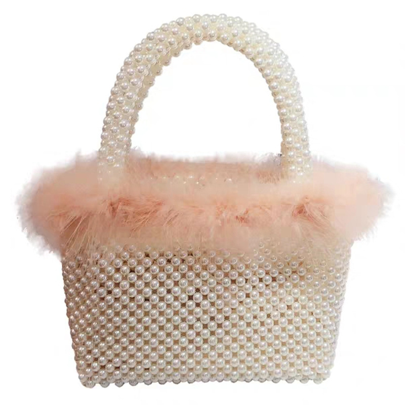 Autumn Winter Single Strap Handbag - Woven Vegetable Leather with Pearl Embellishments
