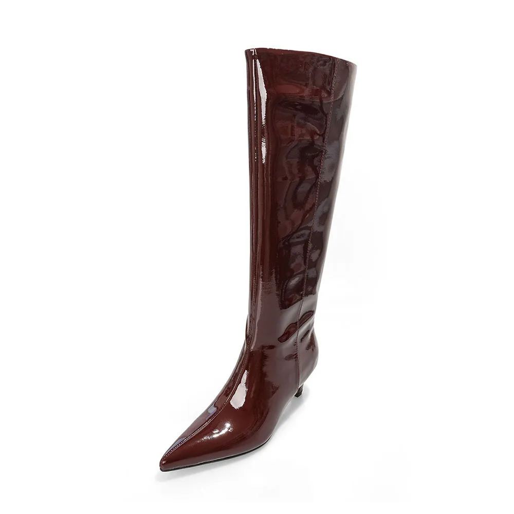 Arden Furtado Burgundy Patent Leather Knee high boots Pointed toe Slipon Stilettos heels Modern Large size 250117