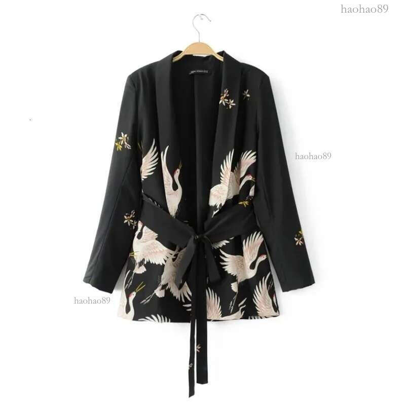 Fashion Women Red Crowned Crane printing Kimono style jacket Casual Long sleeve Coat Vintage Knotted belt Loose Tops C215 201112
