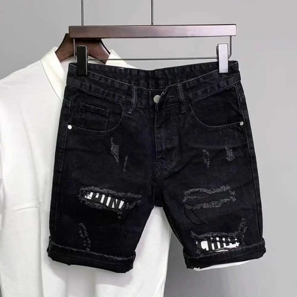 Summer mens torn patch denim shorts with straight button zipper pockets short sleeves long sleeves denim shorts W250319
