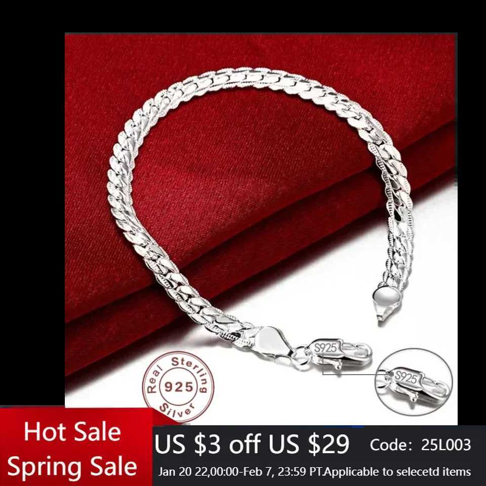 925 Sterling Silver Bracelet 6mm 18cm Flat Side Chain Lobster Clasp For Woman Man Wedding Engagement Jewelry Silver BraceletXJ250117
