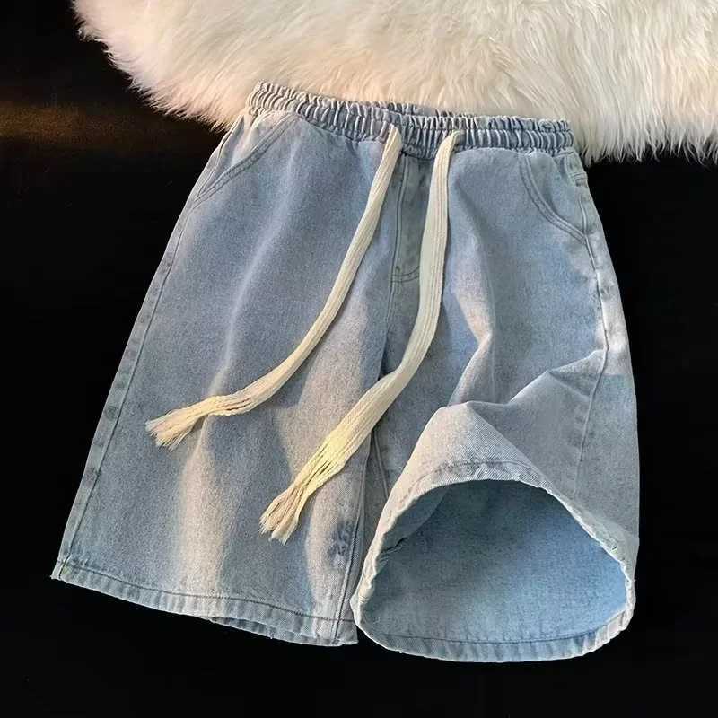 Summer Y2K Denim Shorts For Men Korean Fashion Vintage Straight Short Jeans Casual Streetwear Baggy Drawstring Bermuda masculinaXJ250117