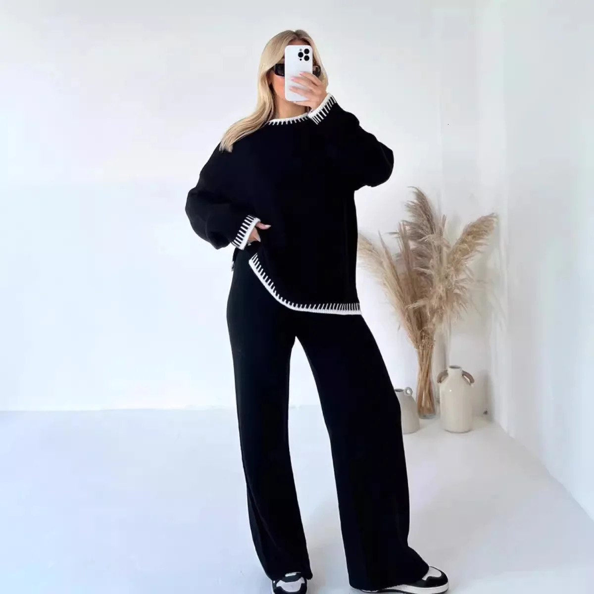 Women Knitting 2 Piece Set Casual Loose O Neck Pullover Top Wide Leg Pants Two Piece Outfits Fashion Color Matching Home Suit 250113