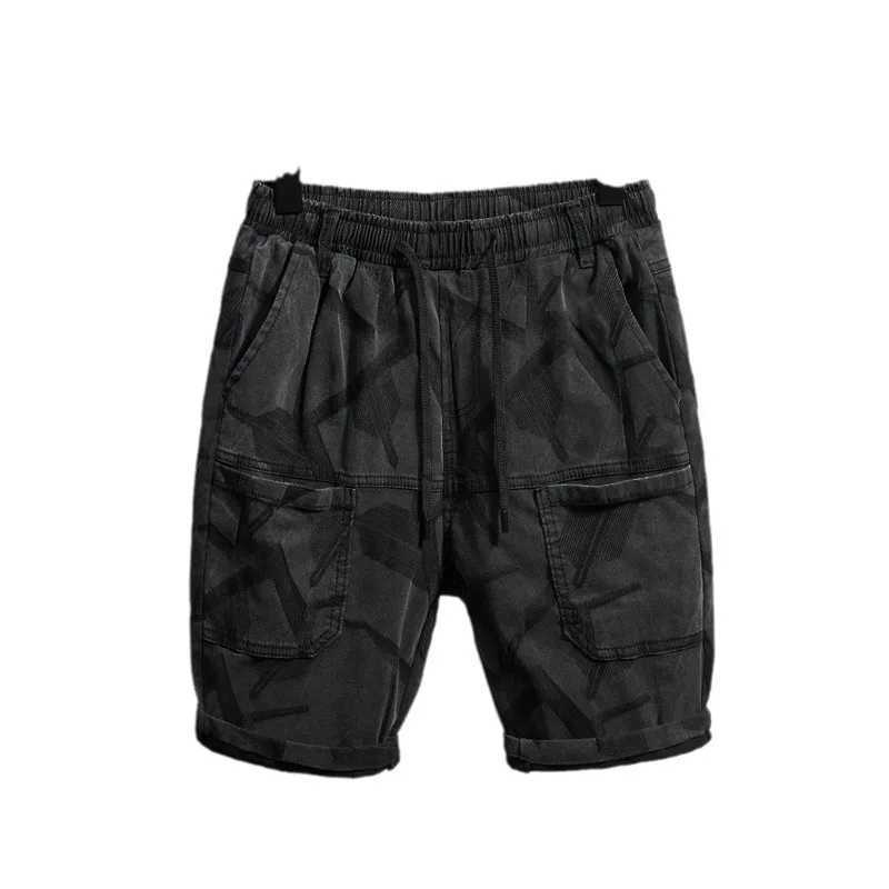 Summer multi pocket jeans shorts for mens fashionable printing trend street stretch casual loose denim casual pantsXJ250117