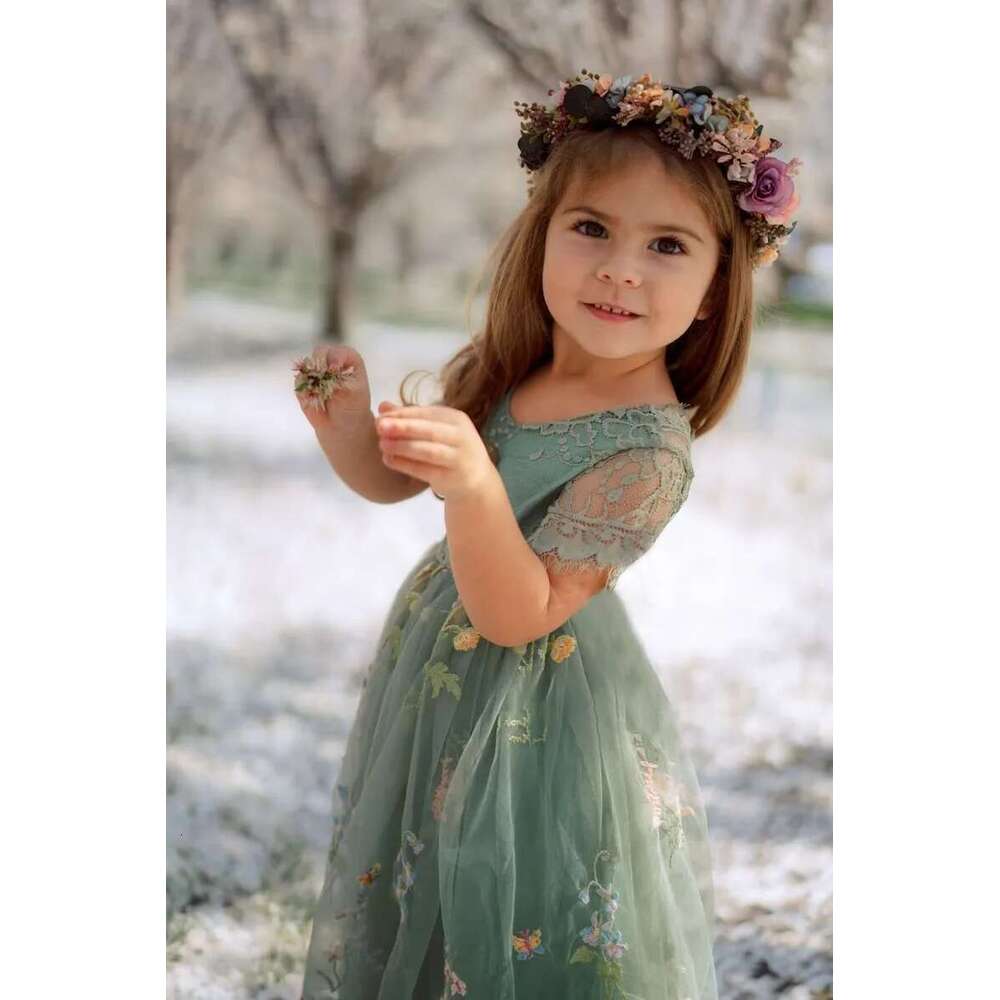 Meet Romance RAL EMBROIDERED TULLE LACE GIRL DRESS IN SAGE Scalloped Edges Tulle Skirt Junior Bridesmaid Gown 6660311