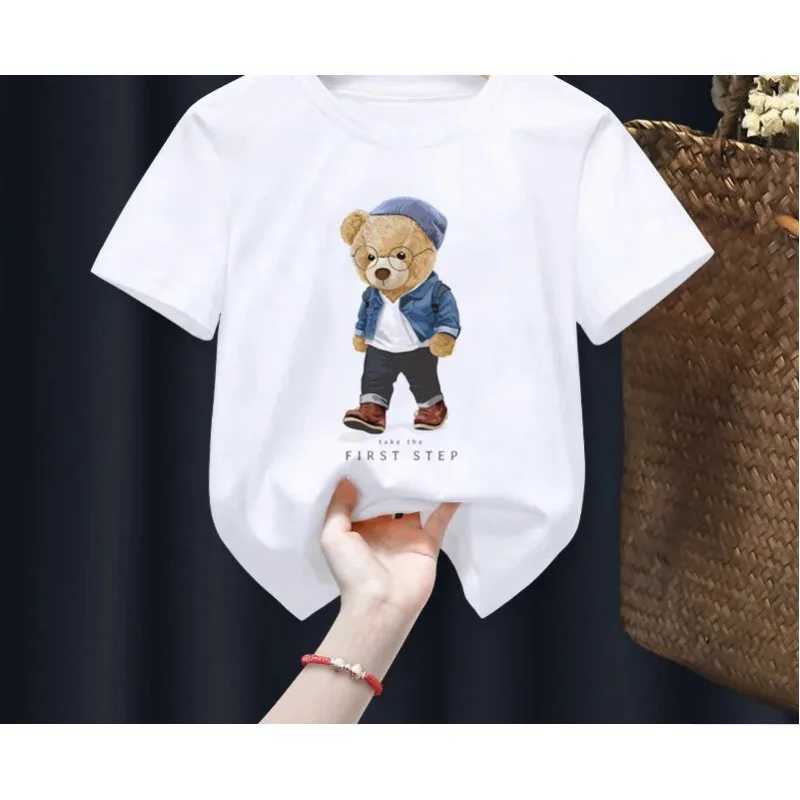 Funny Bear Print Childrens T-shirt Summer Short Sleeve Kids Shirt Cartoon Harajuku Shirt Girl Boy T Shirt Tops Teddy Bear M250116