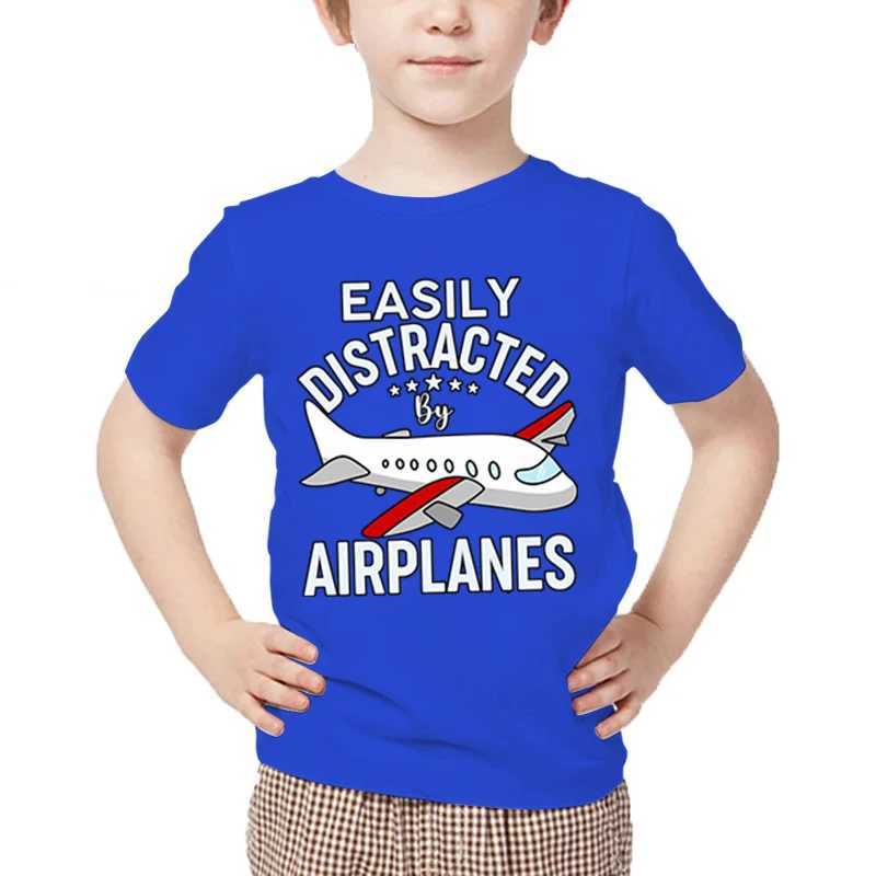 New Aircraft Children T-Shirt Easily Distracted By Airplanes Print T Shirt Harajuku Fashion Plane Tees Girl Boy Cartoon Tshirt M250116