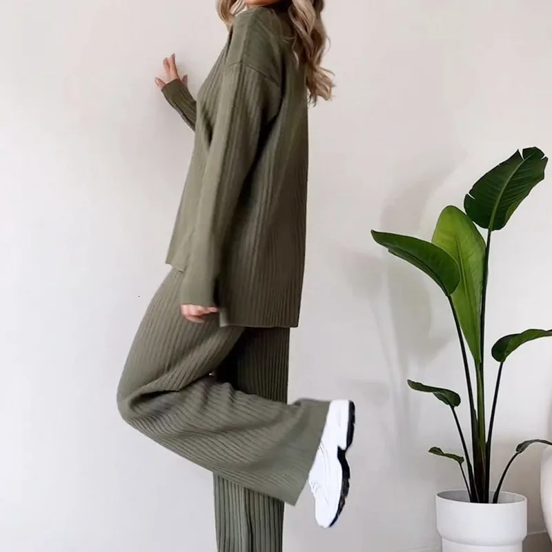 Women Knitted Two-piece Set Casual Loose Womens Home Suit With High Collar Top Wide Leg Trousers Knitting 2 Piece Outfit Winter 250122
