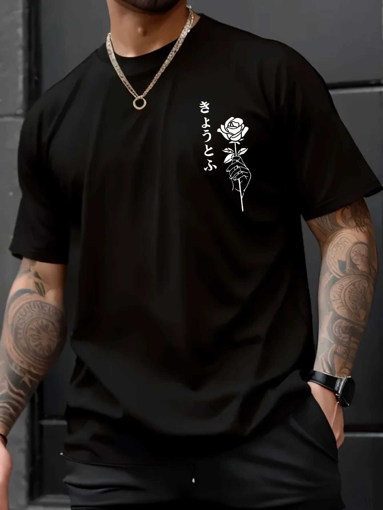 Summer mens 100% pure Polyester sports casual loose fit plus size rose pattern printed round neck short sleeved T-shirt topXJ250117