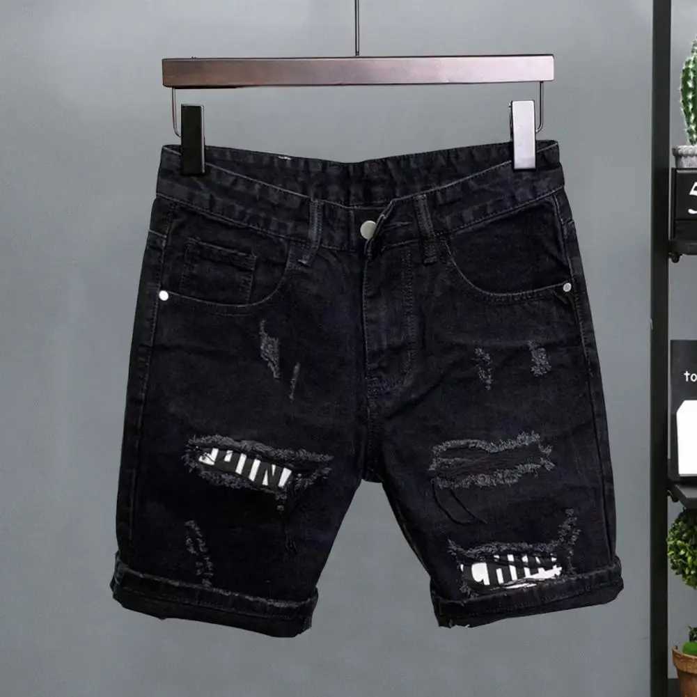 Summer mens torn patch denim shorts with straight button zipper pockets short sleeves long sleeves denim shorts W250319