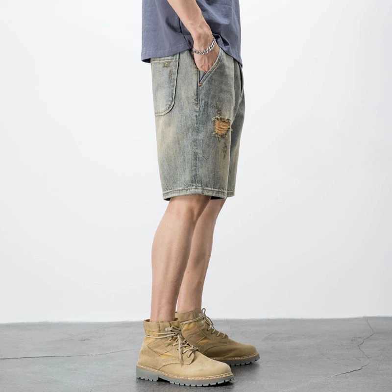 Male Denim Shorts Baggy Ripped Big Size Mens Short Jeans Pants Loose Oversize Wide Vintage Y2k Fashion Buttons Streetwear EmoXJ250117
