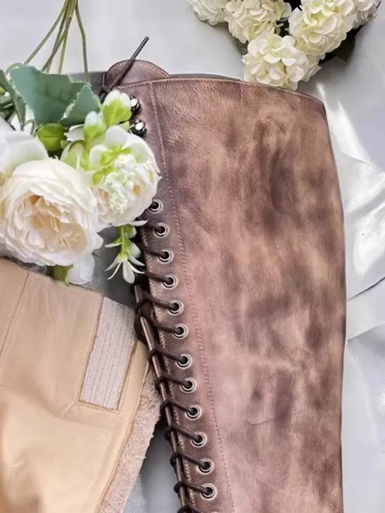 Designer Fashion Shoes Lace Up Zipper Women Cowskin Genuine Leather Boots Round Toe Autumn Female Vintage Knight Knee High 250117