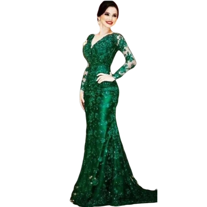 Emerald Green Lace Long Mother Of The Bride Dresses Beaded Sheer Backless Long Sleeves Groom Mom Formal Dress 2025 V-Neck Elegant Mermaid Wedding Gues
