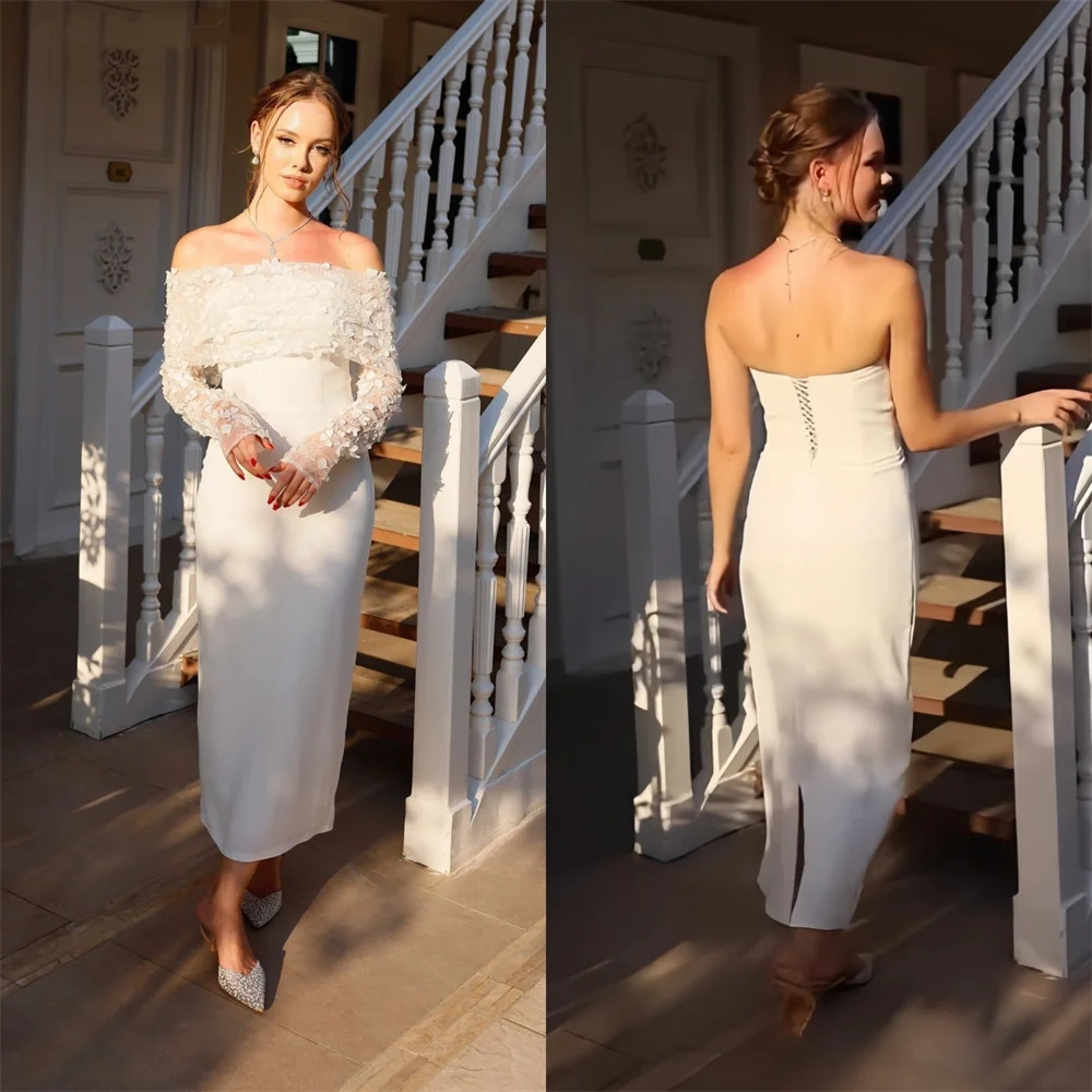 Simple Civil Wedding Dresses Sheath Tea Length Bridal Gowns With Detachable Long Sleeves Wrap 2025 Elegant Bride Dress Back Split