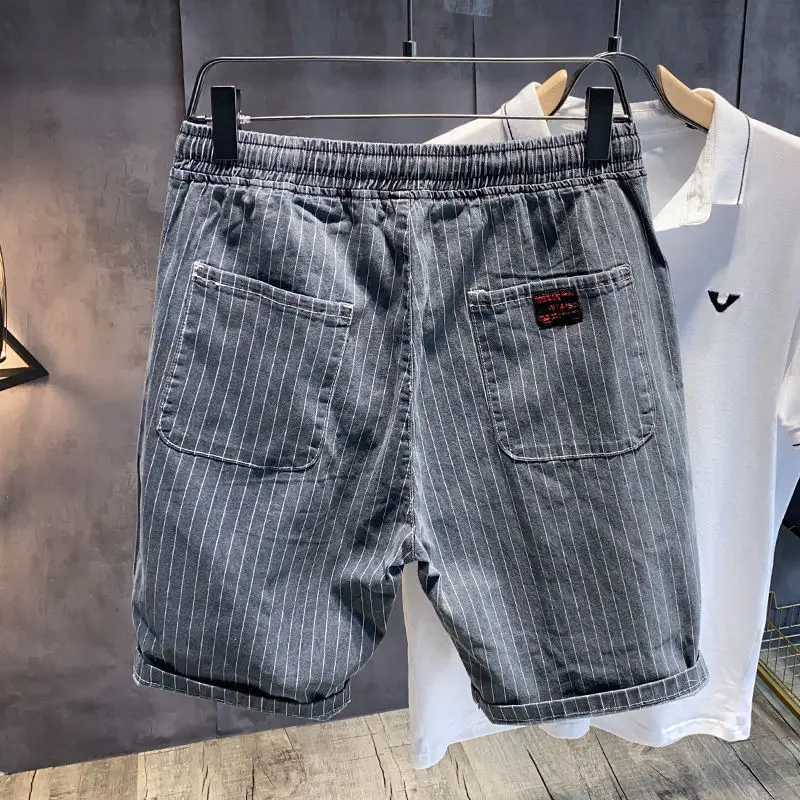 Male Denim Shorts Drawstring Striped With Pockets Mens Short Jeans Pants Gray Designer Vintage Blue Y2k Fashion Korean XlXJ250117