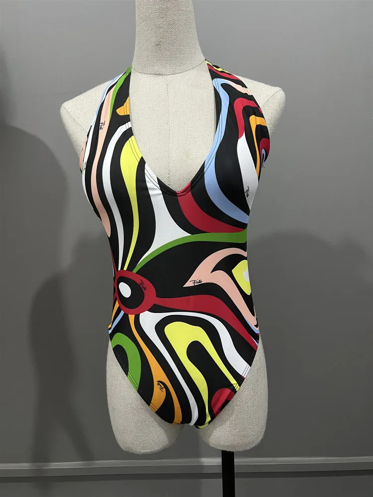 Women Swimsuit Split Swimsuit Bikini Striped Geometry Pattern One-Piece Swimsuit 250113