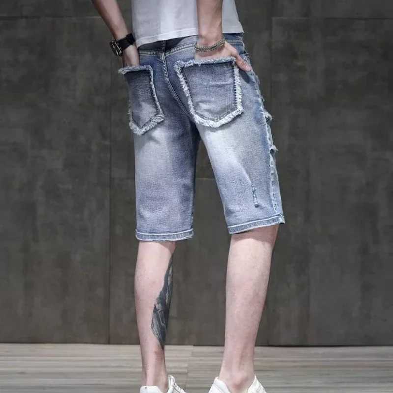 Man Denim Shorts Ripped Patchwork Short Jeans Pants for Men with Comfortable Emo Trend 2024 Vintage Jorts Buttons Y2k FashionXJ250117