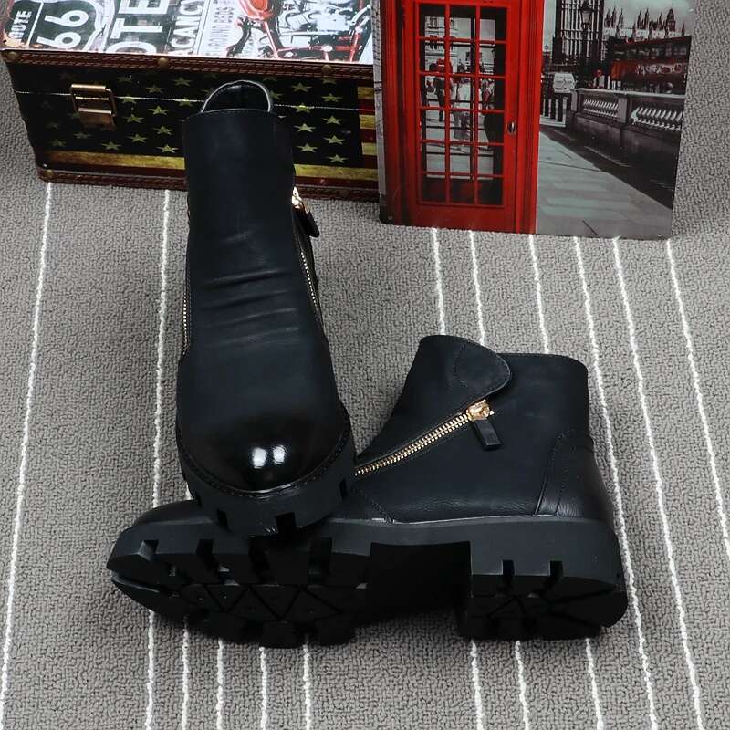 CuddlyIIPanda Designer Men Ankle Fashion Leather Boots British Side Zipper Pointed Toe Male Shoes