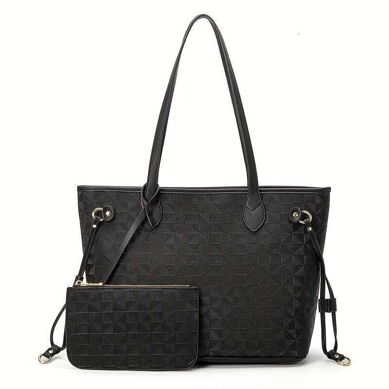 2-piece set, women's fashionable tote matching wallet, large capacity embossed PU leather bag, shopping bag with shoulder strap