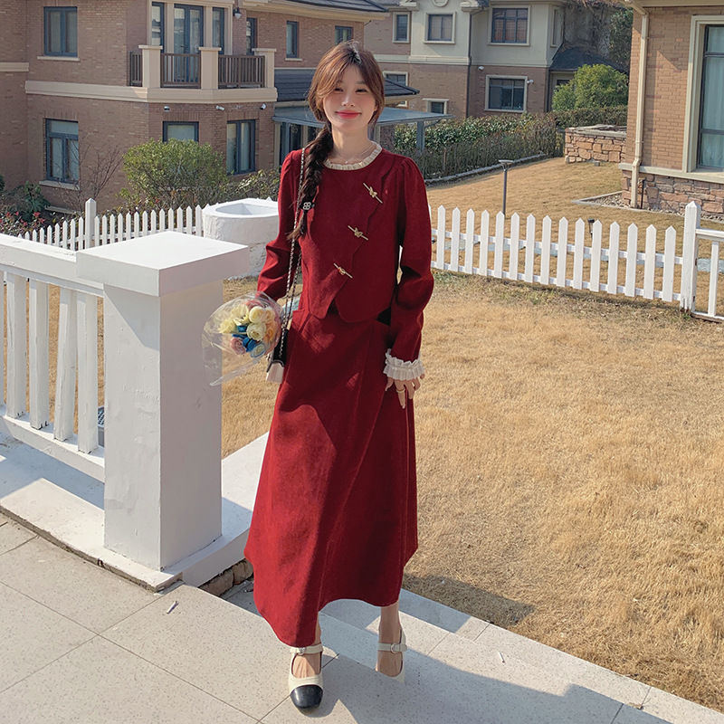 MU3120 Retro casual long skirt 2024 spring and autumn new style wood ear edge pleated color matching fake two-piece dress for women