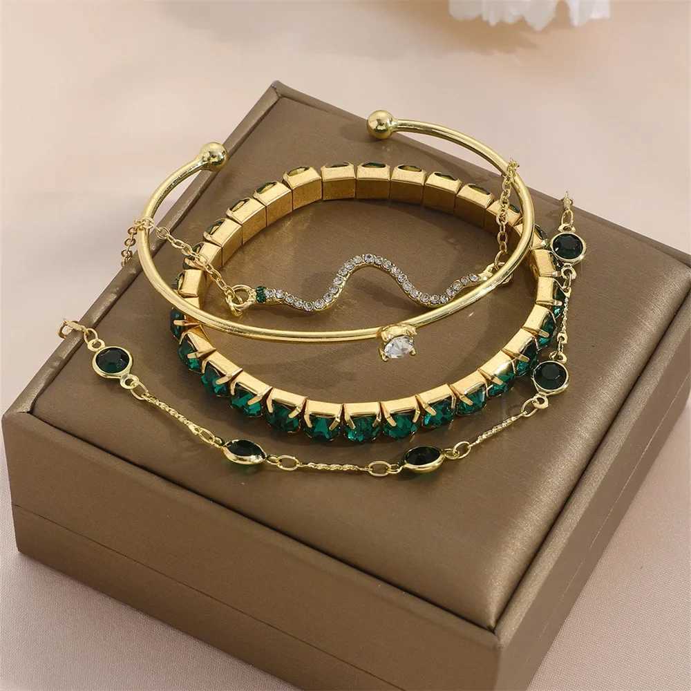 4Pcs/Set Fashion Snake Green Gemstone Bangle Rhinestone Full Metal Bracelet For Women Birtay Party Christmas Gift JewerlyXJ250117