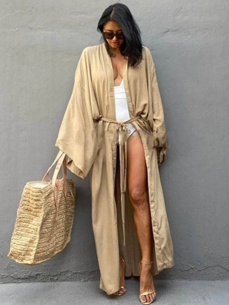 Solid beach cover womens self waistband wrapped kimono dress swimsuit summer beach wear factory supply 250109