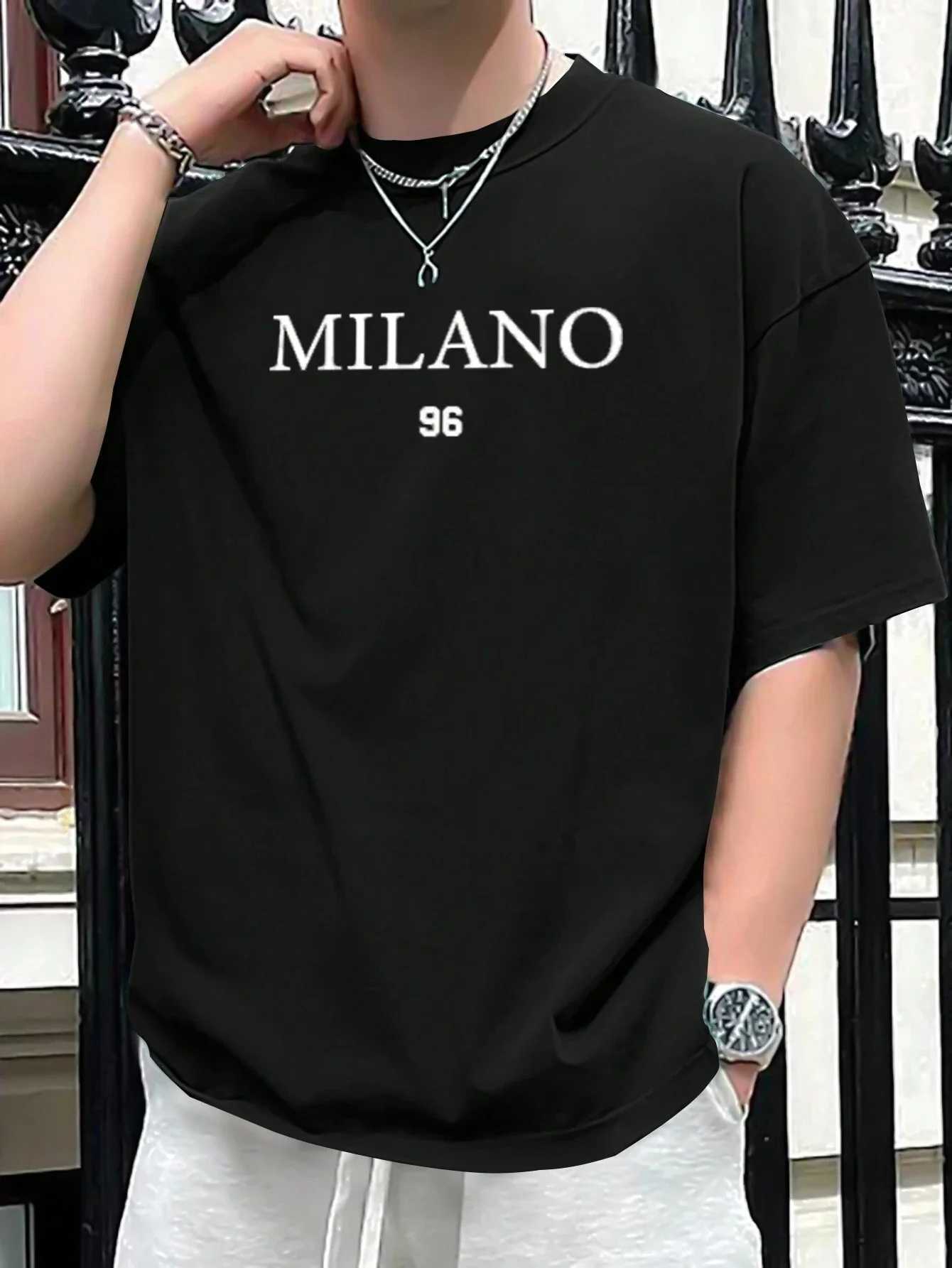 Mens 100% Polyester summer loose size MILANO 96 letter printed slim fit casual sports round neck short sleeved T-shirt topXJ250117