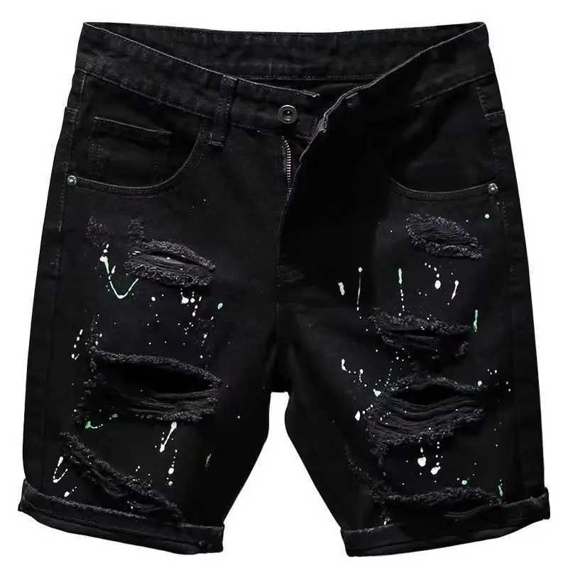 Summer casual mens denim shorts Korean straight wash jeans shorts torn cat whiskers ink splatter plain black five pants W250319