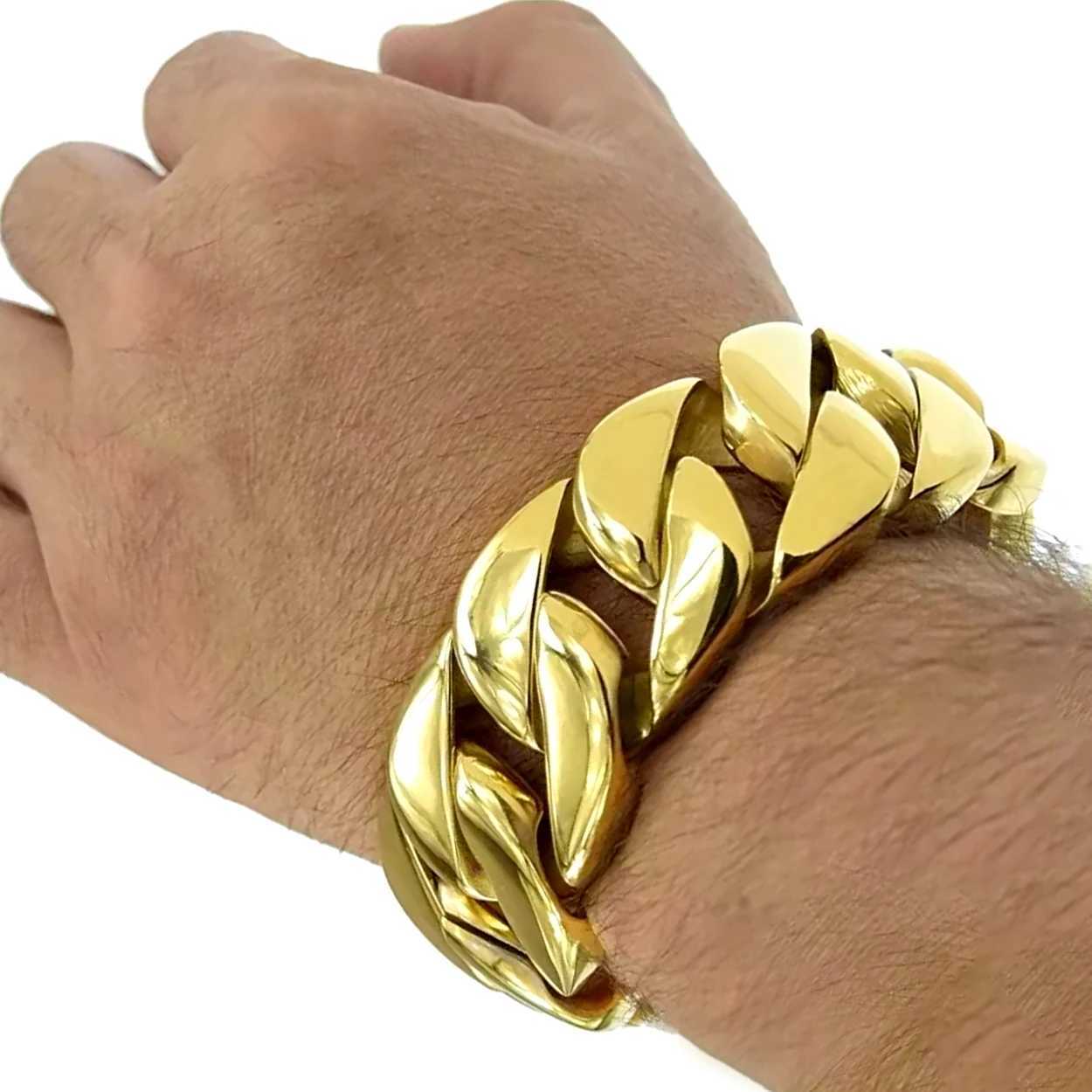 Hip hop 32mm wide 304 stainless steel bracelet trendy charm mens bracelet electroplated gold color Miami Cuban chain W250116