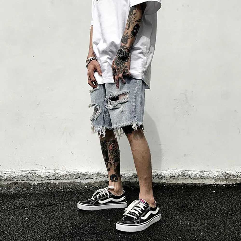 Mens Y2k Unique Shorts 2024 Summer New Fashion Trend Ripped Jeans Loose Large Size Shorts High Quality Old Retro Casual ShortsXJ250117