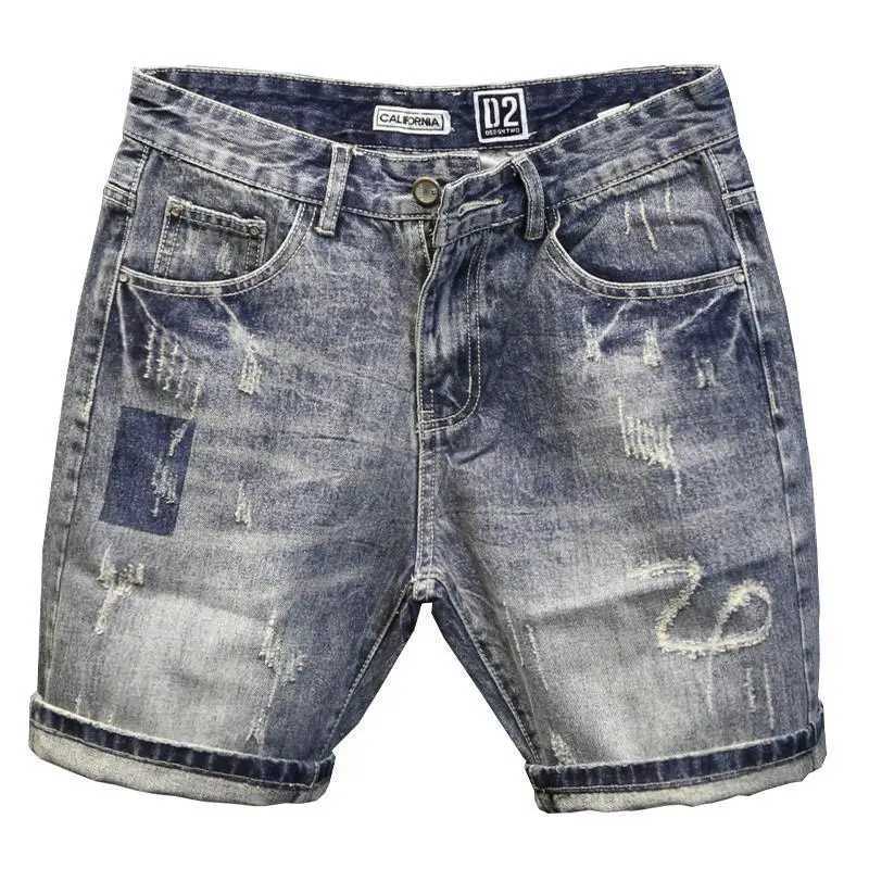 Korean Luxury Clothing Mens Summer Denim Knee Length Shorts 2024 Fashion Designer Ripped Hole Cowboy Korean Slim Short Pants W250116