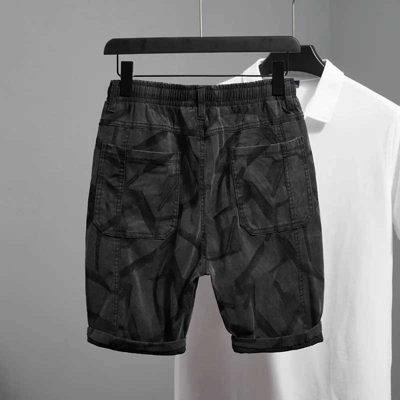 Summer multi pocket jeans shorts for mens fashionable printing trend street stretch casual loose denim casual pantsXJ250117