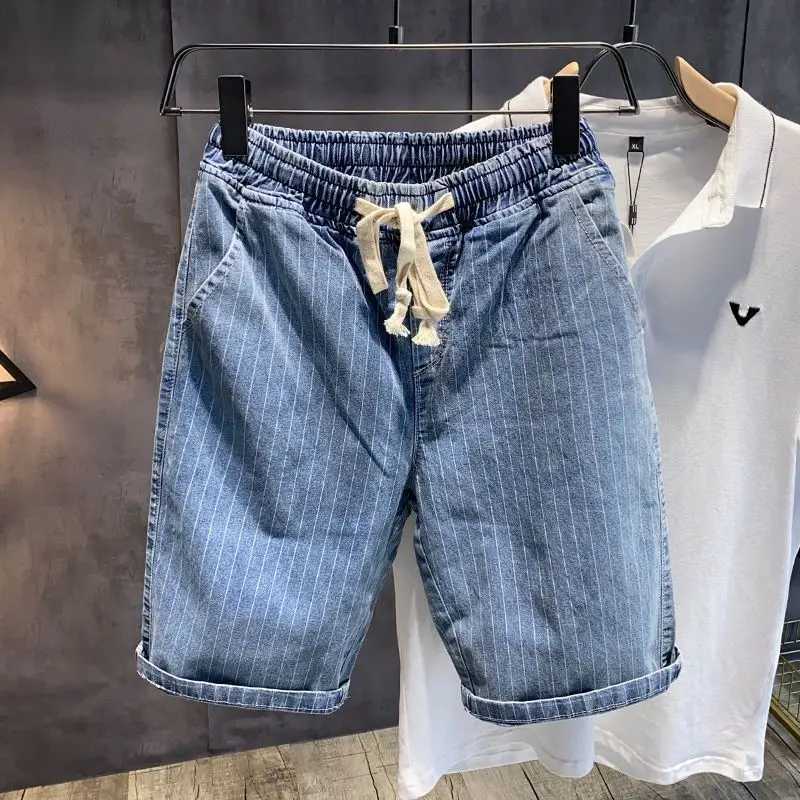 Male Denim Shorts Drawstring Striped With Pockets Mens Short Jeans Pants Gray Designer Vintage Blue Y2k Fashion Korean XlXJ250117
