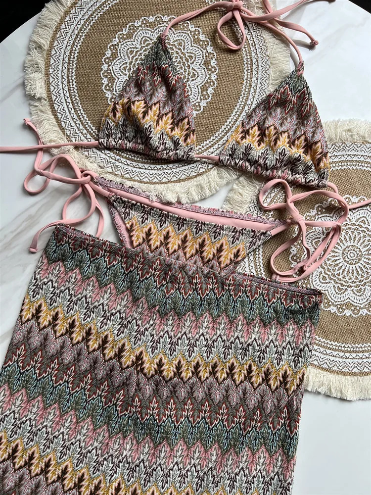 Women Swimsuit Colored Maple Leaves Knitted Bikini Skirt Three-Piece Set Split Swimsuit Bikini 250113