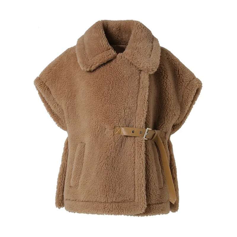 2024 Teddy Vest Lady Fashion Winter Wool Short Coat Leather Belt Women's Waistcoat Streetwear Gilet