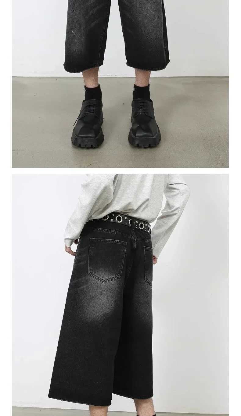 Men Women Y2k Style Baggy Denim Shorts Wide Leg Short Pants Fashion High Waisted Dark Wash Knee Length Loose Unisex Jeans CasualXJ250117