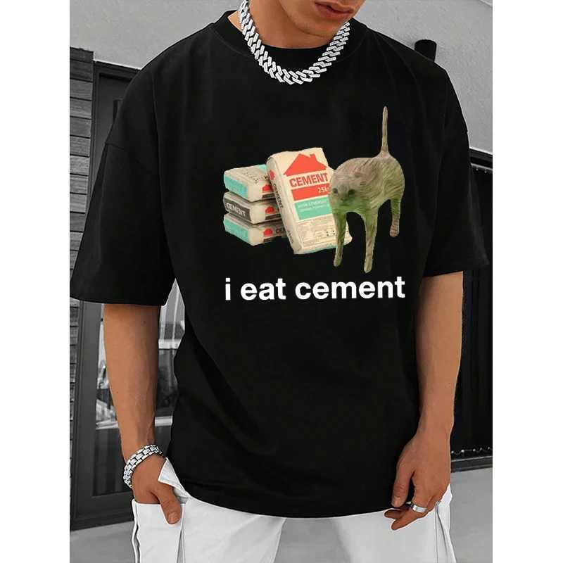 I Eat Cement Cursed Cat Funny Meme T Shirt For Men Women Fashion Casual Short Sleeve Male Oversized Polyester T-shirt TopsXJ250117