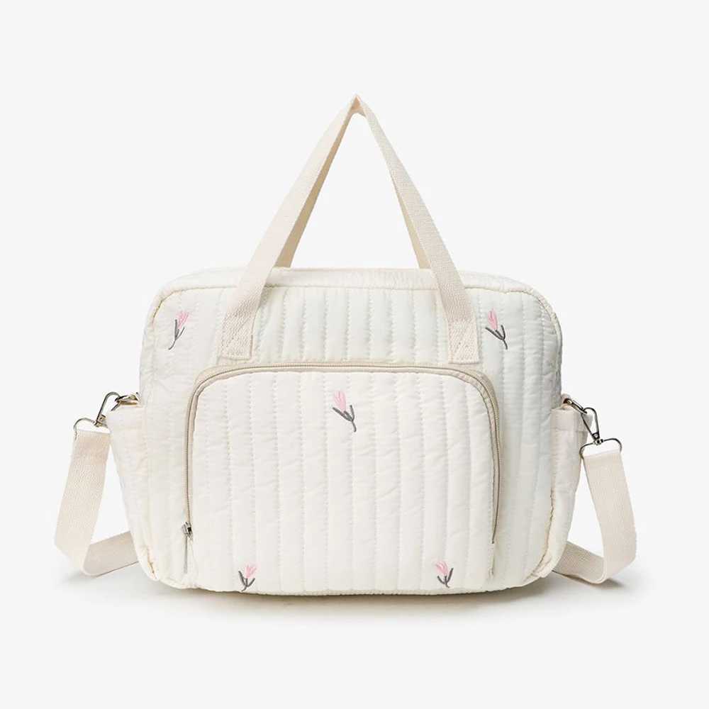 Cute Bear Flower Embroidery Pattern Baby Beige Cotton Fabric Zipper Diaper Handbag New Luggage BagXJ250117