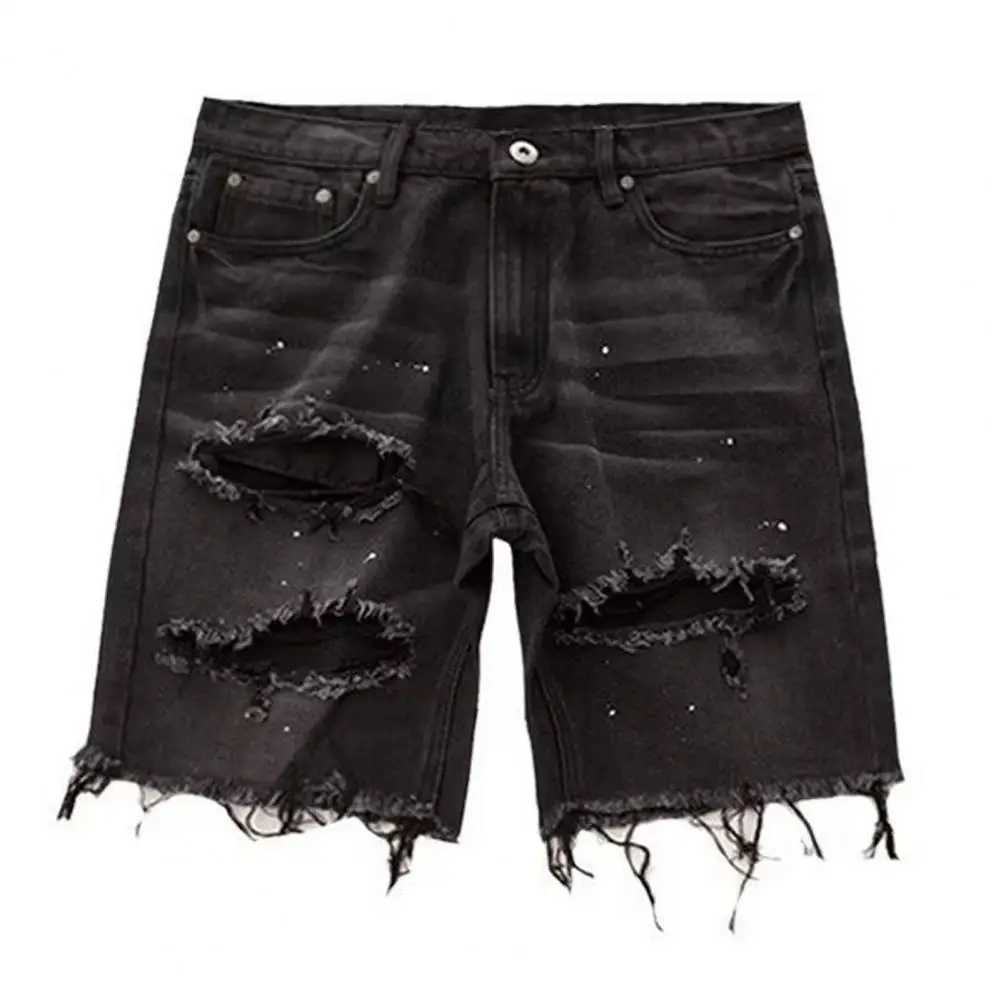 Slotted denim shorts for mens summer Distressed denim shorts with stylish button fly and multiple pockets slim and suitable for young people W250319
