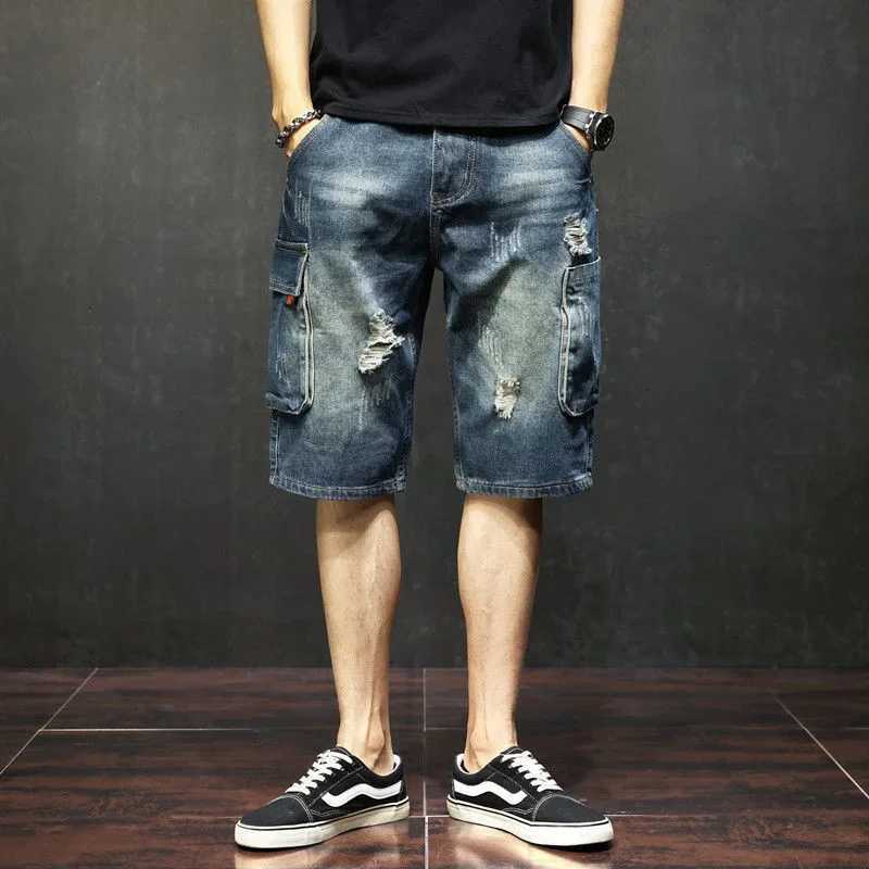 Male Denim Shorts Cargo Straight Mens Short Jeans Pants Ripped Cowboy Designer Original New in Jorts Y2k Blue Cut Retro Sale XlXJ250117