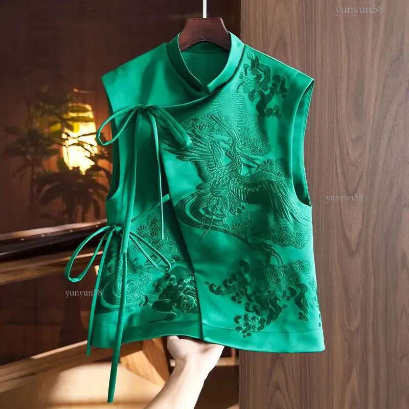 Vintage Chinese Style Outerwear Vest White CraneFlowers Embroidered Lacing Vests Spring And Summer Elegant Womens Clothing 241121