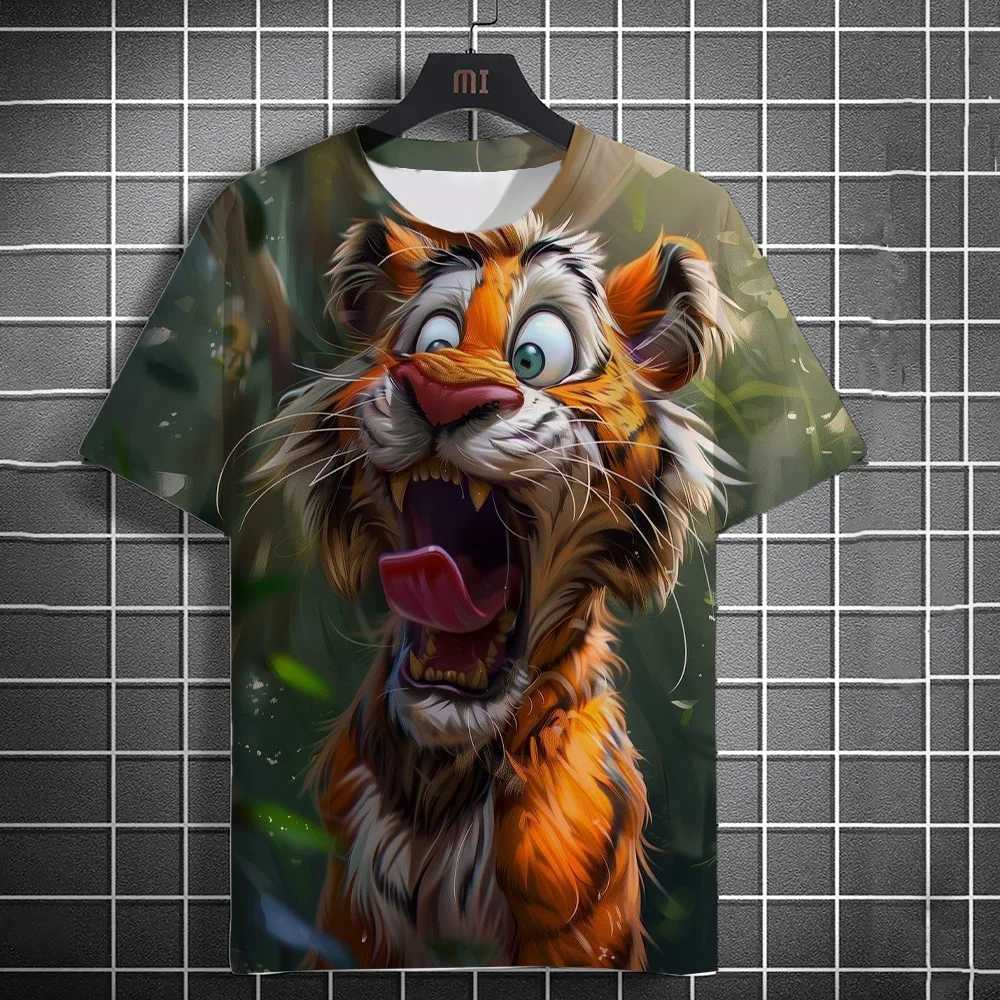 2024 New Fashion Mens Casual T-shirt 3D Printing Fun Animal Print Short Sleeve Street Fashion Tiger Print Round Neck TopXJ250117
