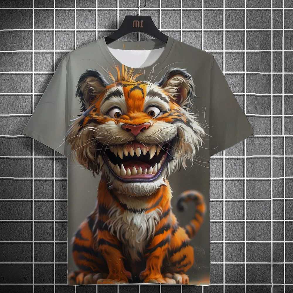 2024 New Fashion Mens Casual T-shirt 3D Printing Fun Animal Print Short Sleeve Street Fashion Tiger Print Round Neck TopXJ250117