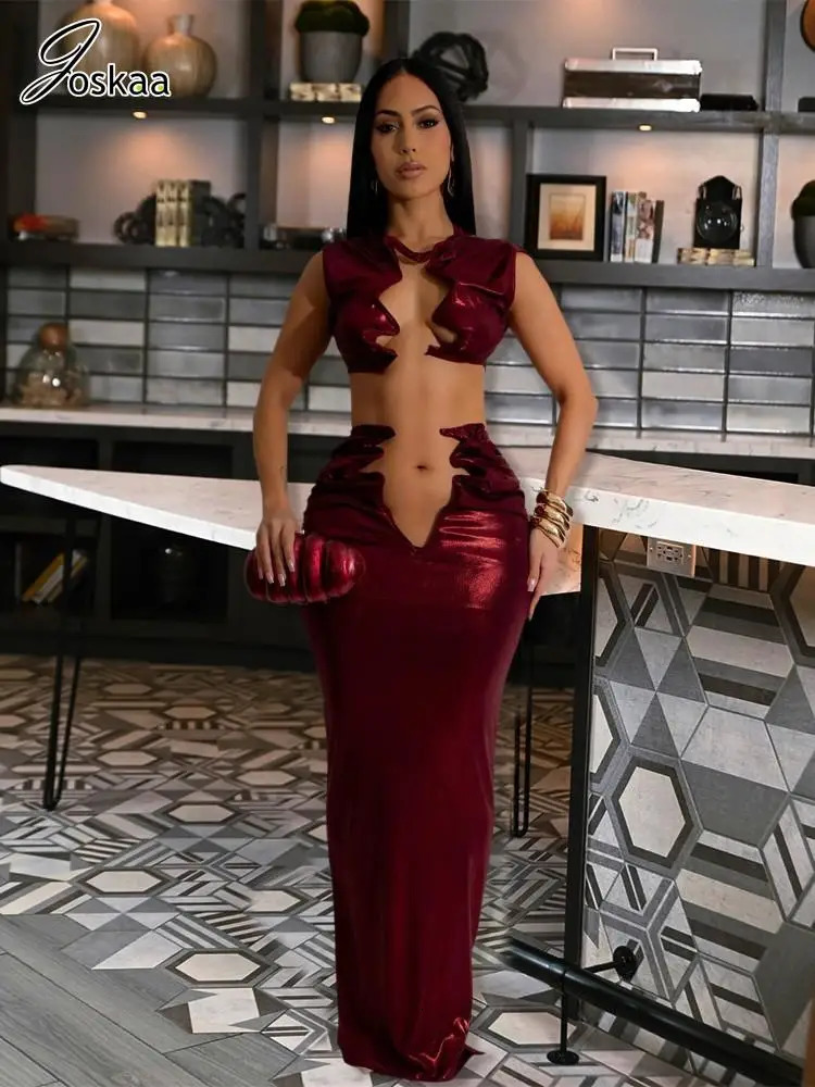 Joskaa Sexy Irregular Cutout 2 Piece Sets Women Hipster Crop Tank Tops and Long Skirts Matching 2025 Spring Party Club Outfits 250113