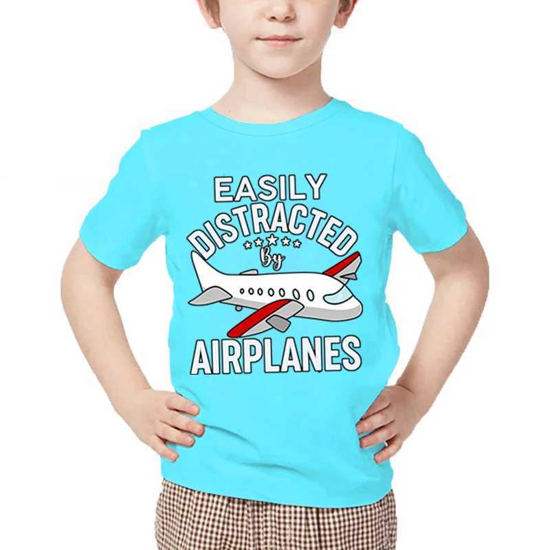New Aircraft Children T-Shirt Easily Distracted By Airplanes Print T Shirt Harajuku Fashion Plane Tees Girl Boy Cartoon Tshirt M250116